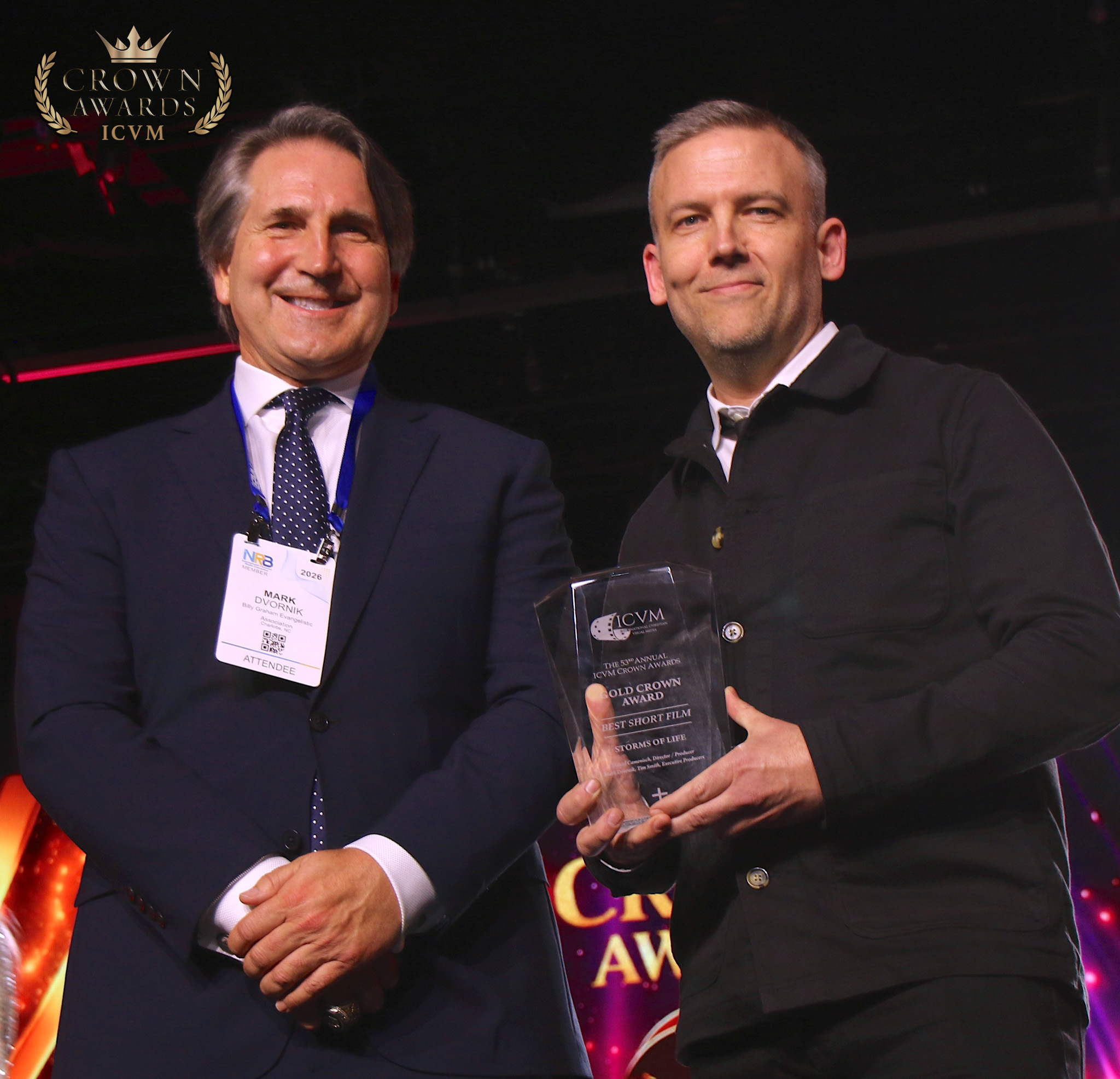 A Gold Crown recipient holding the Best Short Film award for Storms of Life